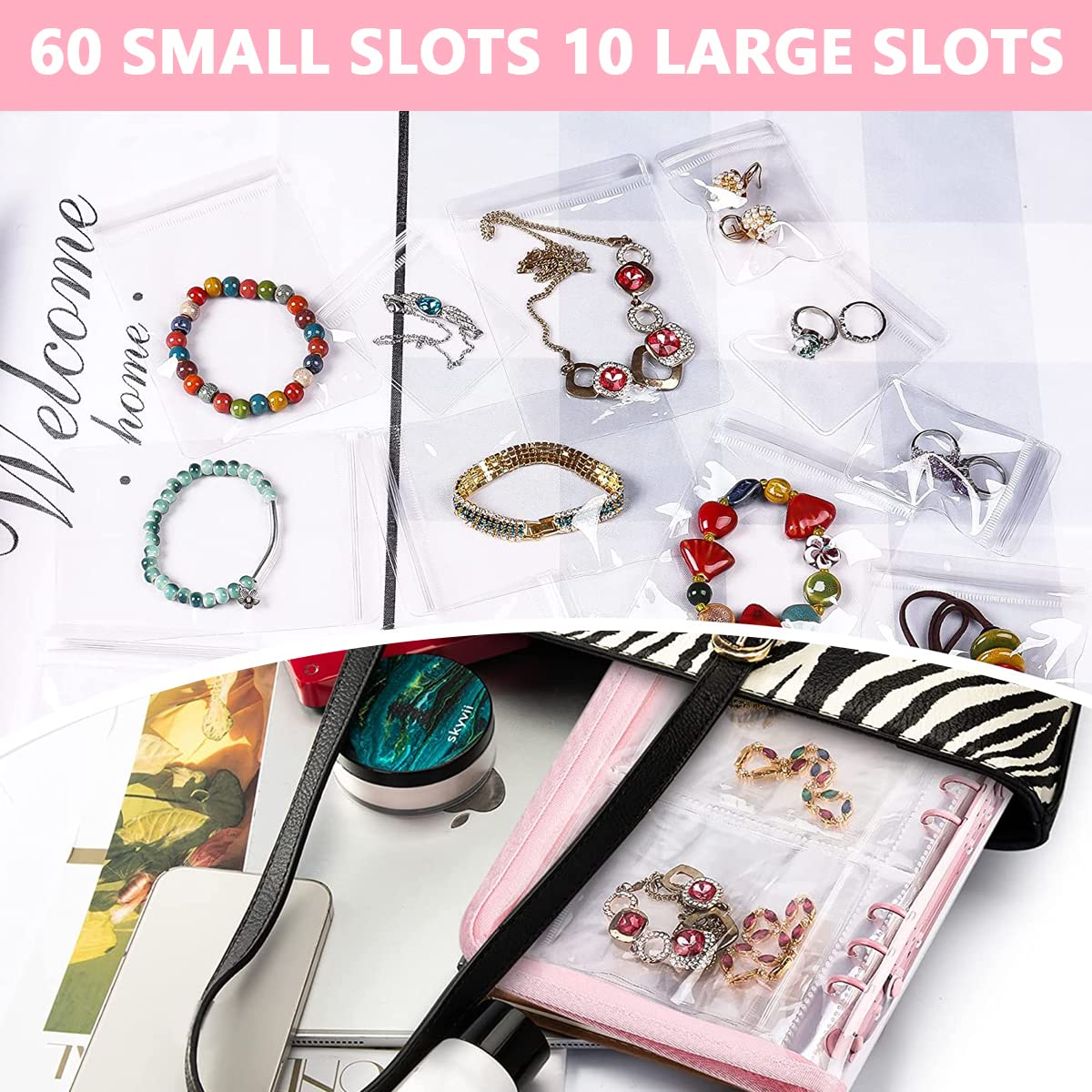 MAYCREATE Transparent Jewelry Storage Book, Anti Oxidation Jewelry Storage Organizer Bag with 60 Pockets for Bracelets Necklace Rings, Pink MAYCREATE Transparent Jewelry Storage Book, Anti Oxidation Jewelry Storage Organizer Bag with 60 Pockets for Bracelets Necklace Rings, Pink